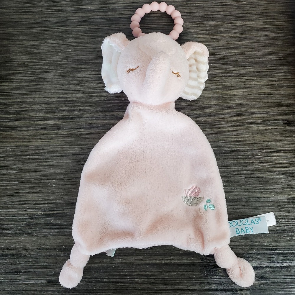 Douglas Baby Pink Elephant Teether Ring Lovey Plush Security Blanket Knotted 10"